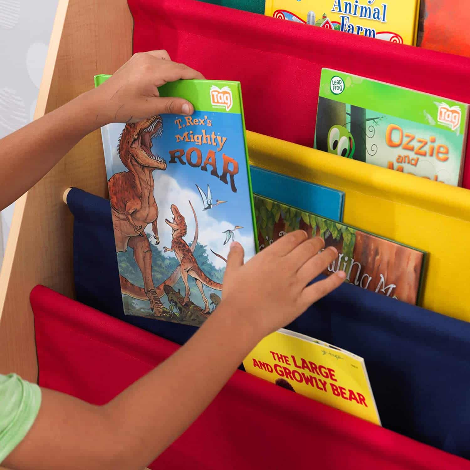 Bibliothèque Enfant En Bois Et Tissu - 6 Compartiments De Rangement Pour Livres Et Jouets - Dimensions 75x30x76 Cm